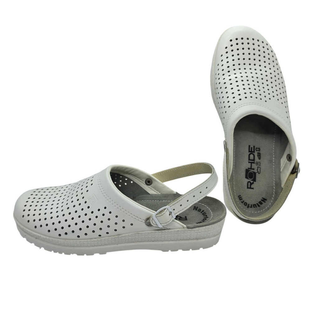 Rohde Naturform White Leather Perforated Slingback Clogs Made in Germany Size 40